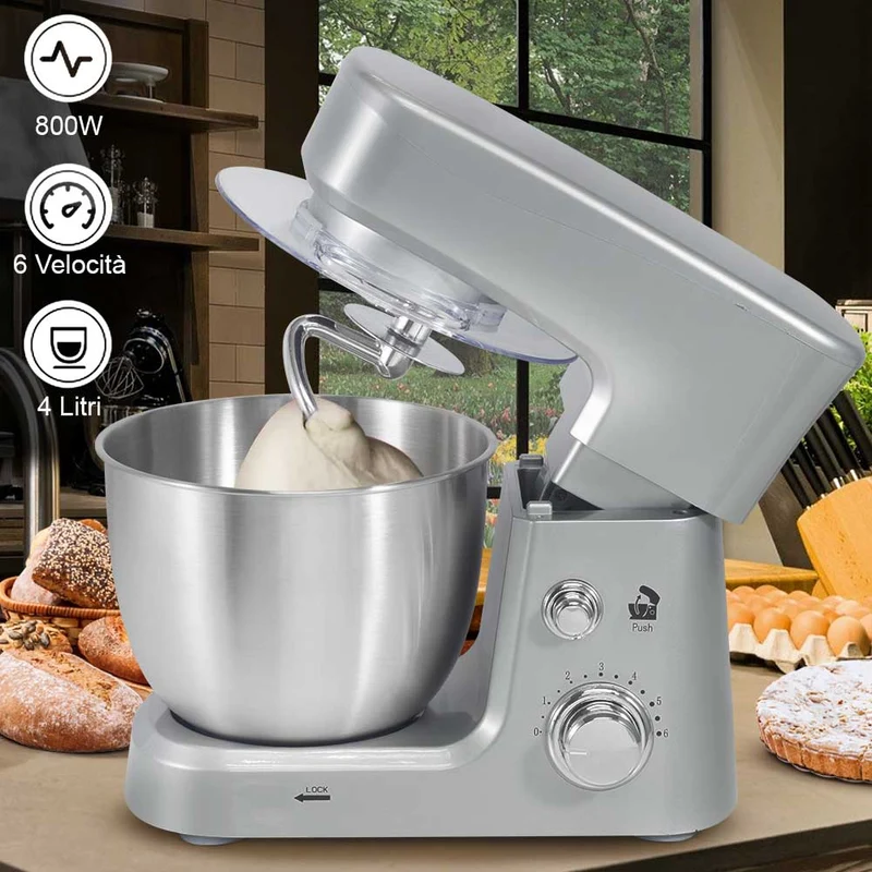 Impastatrice Planetaria Ciotola Acciaio 4 LT Impastatore Robot 800W Silver