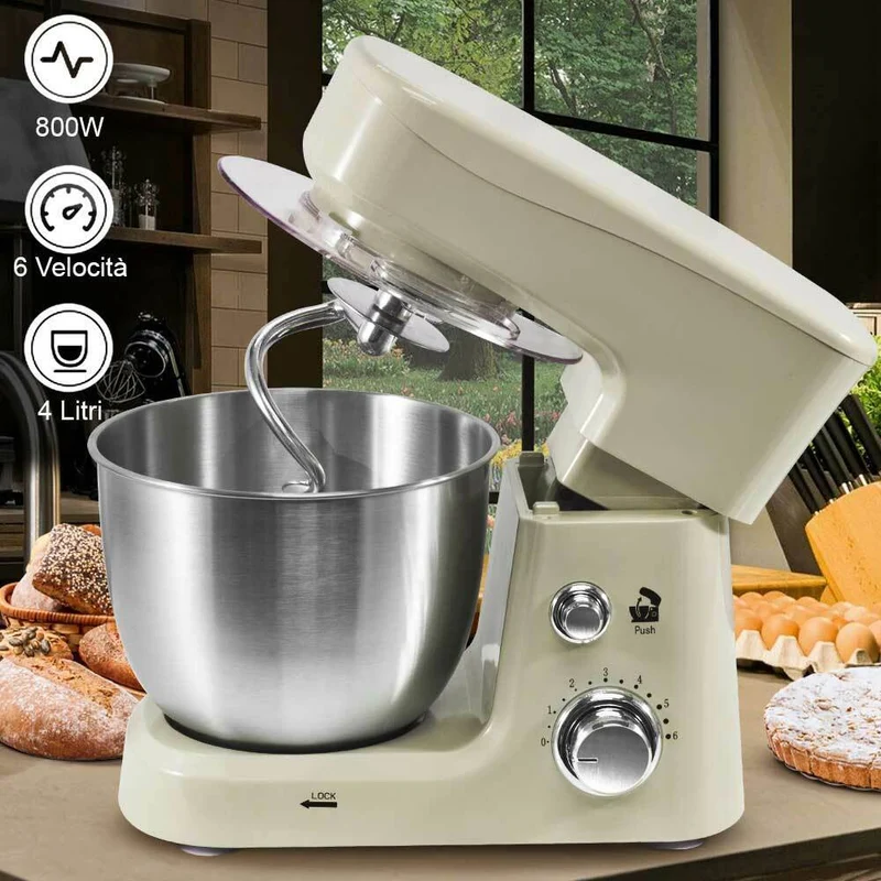 Impastatrice Planetaria Ciotola Acciaio 4 LT Impastatore Robot 800W Crem Vintage