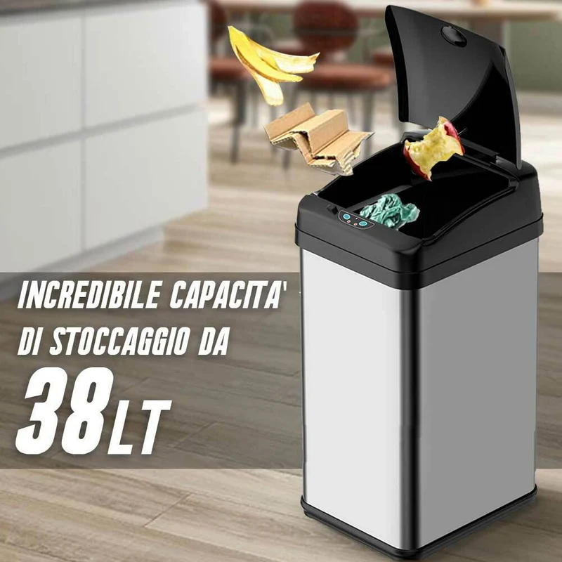 Pattumiera Automatica cn Sensore Elettrico 38Lt Bidone Spazzatura Cucina Acciaio