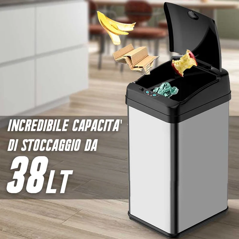 Pattumiera Automatica cn Sensore Elettrico 38Lt Bidone Spazzatura Cucina Acciaio