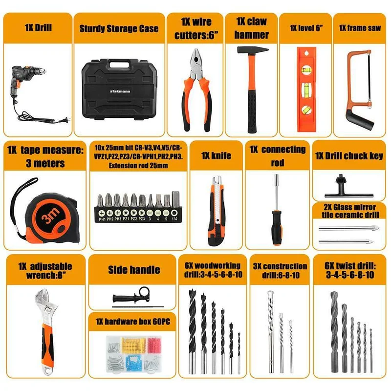 Valigetta Attrezzi 41pz con Trapano Elettrico a Percussione 710W 3000rpm 13mm