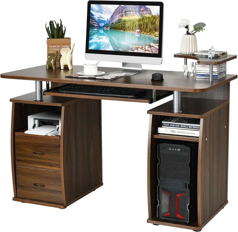 Scrivania con Cassetti, Vassoio per Tasteriera e Ripiani, Scrivania Porta PC e Stampante in Legno, Scrivania Salvaspazio Ideale per Studio e Ufficio, 120 x 55 x 85 cm (Noce)