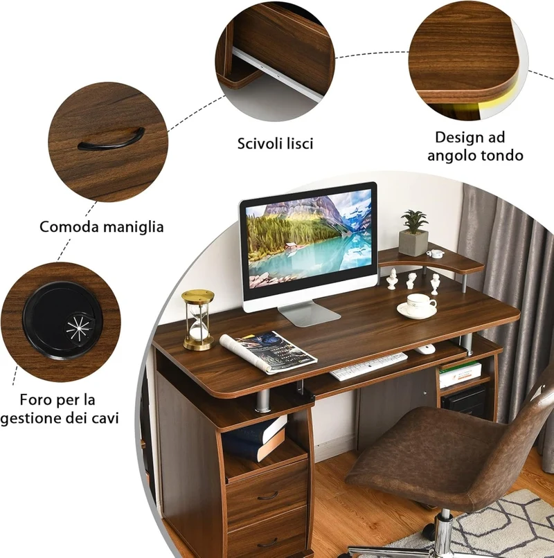 Scrivania con Cassetti, Vassoio per Tasteriera e Ripiani, Scrivania Porta PC e Stampante in Legno, Scrivania Salvaspazio Ideale per Studio e Ufficio, 120 x 55 x 85 cm (Noce)