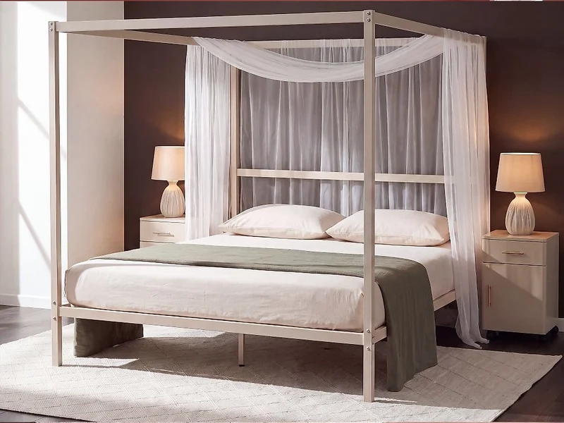 Letto matrimoniale a baldacchino con doghe e struttura in metallo beige chiaro 160 x 200 cm stile industriale moderno
