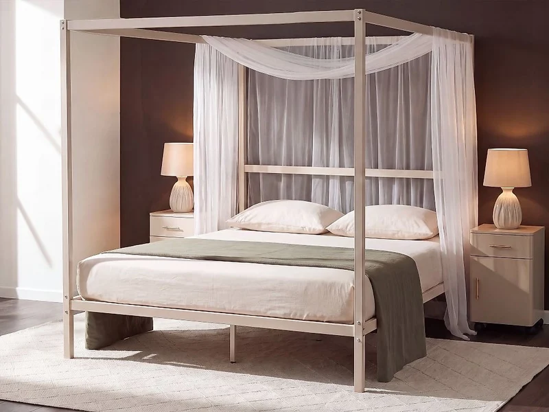 Letto matrimoniale a baldacchino con doghe e struttura in metallo beige chiaro 140 x 200 cm stile industriale moderno