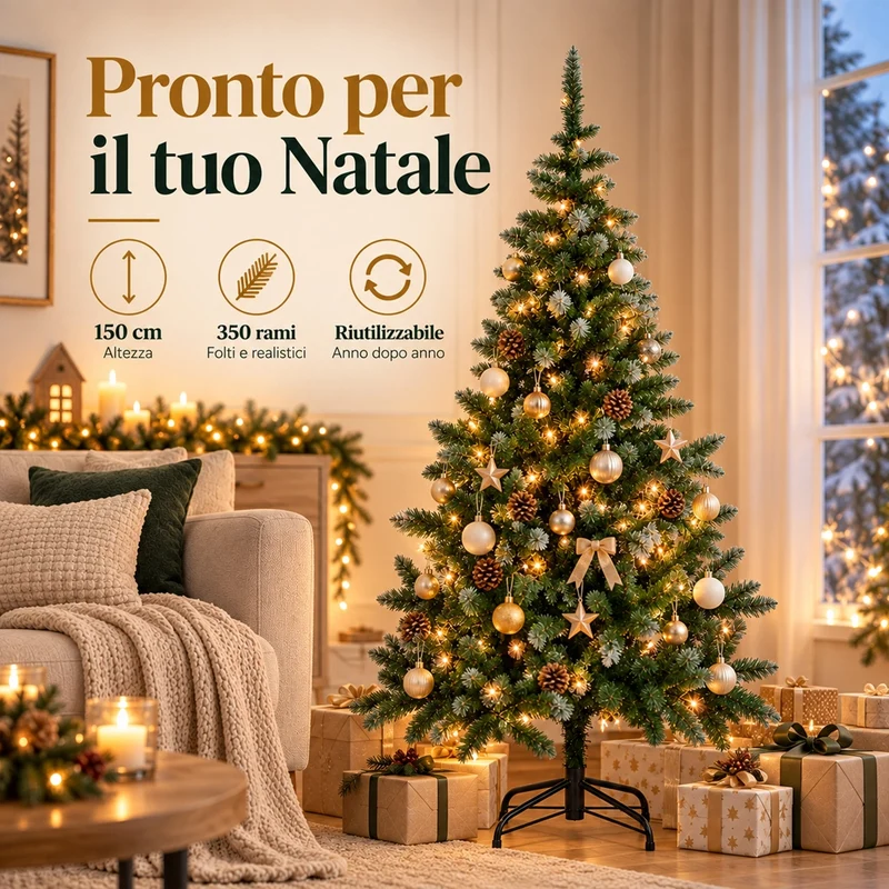 Albero di Natale 150cm con 350 Rami Folto Punte Innevate Decorazione Natalizia