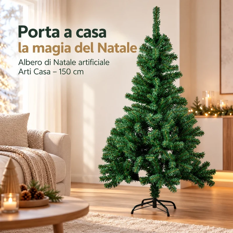 Albero di Natale 150cm con 850 Rami Verde con Base a Croce Decorazione Natalizia