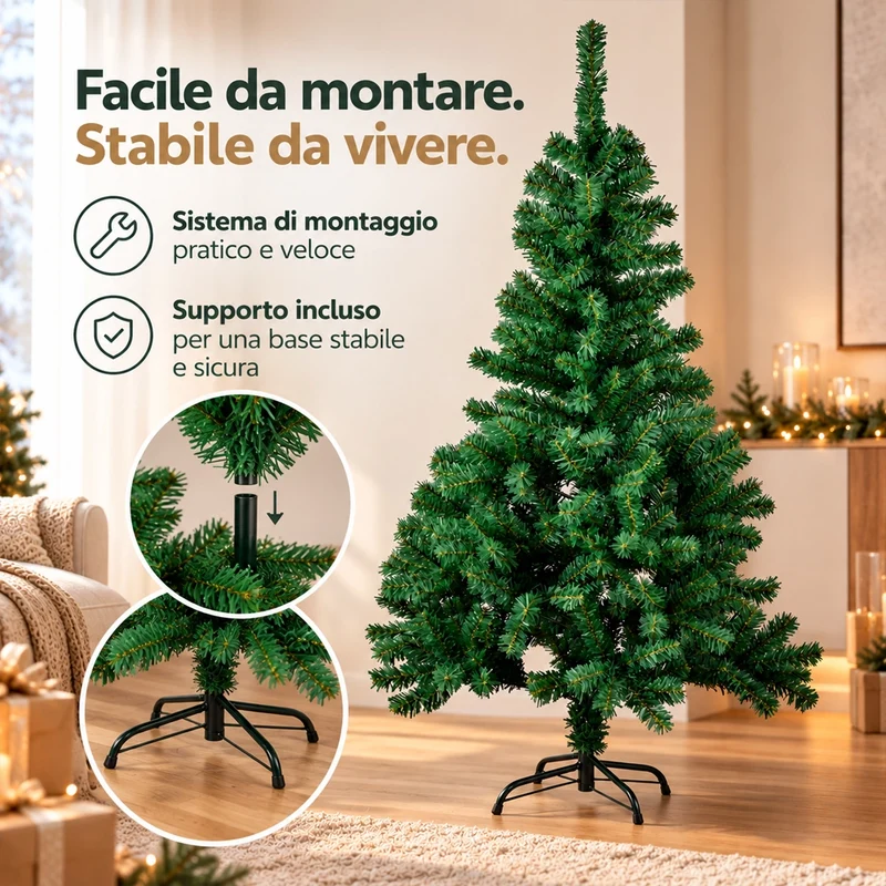 Albero di Natale 150cm con 850 Rami Verde con Base a Croce Decorazione Natalizia