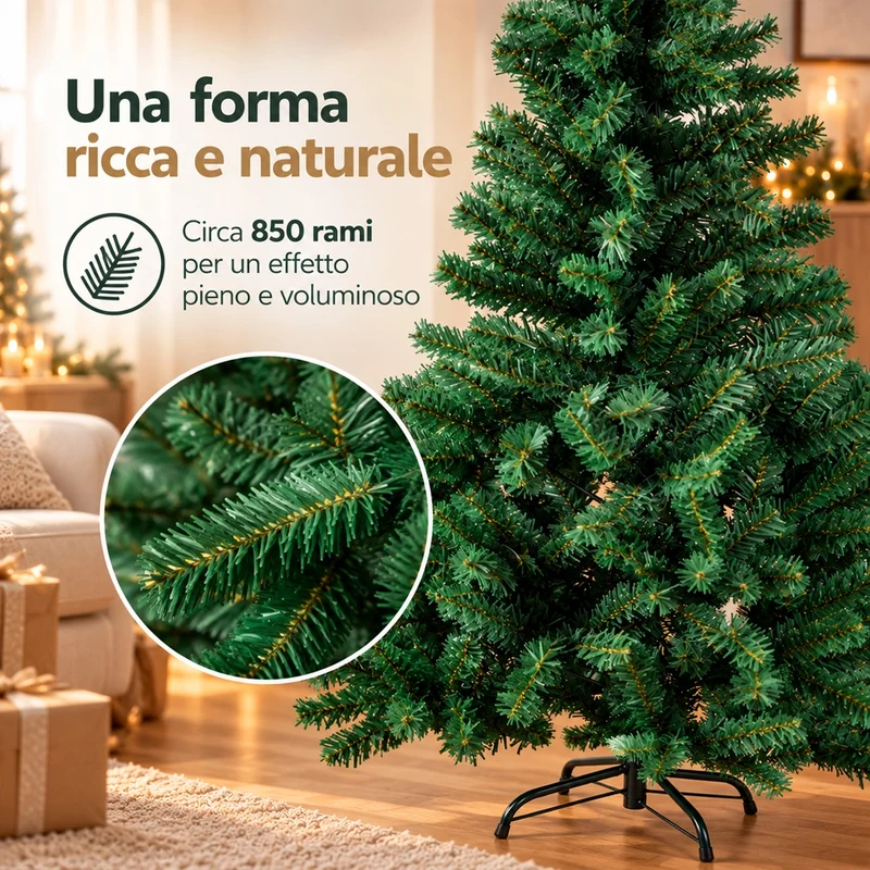 Albero di Natale 150cm con 850 Rami Verde con Base a Croce Decorazione Natalizia