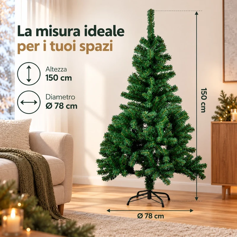 Albero di Natale 150cm con 850 Rami Verde con Base a Croce Decorazione Natalizia