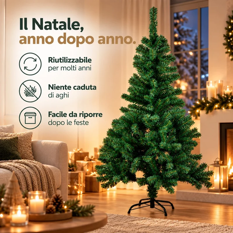 Albero di Natale 150cm con 850 Rami Verde con Base a Croce Decorazione Natalizia