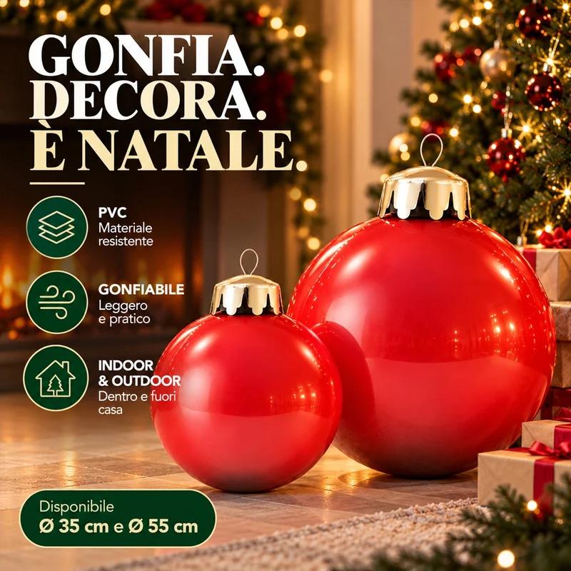 Set 2 Palle di Natale Gonfiabili PVC Rosse Interno ed Esterno Addobbo Natalizio