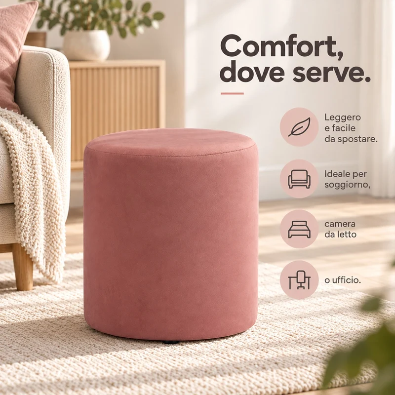 Pouf Poggiapiedi 28x36 cm con Rivestimento in Velluto Rosa Seduta Ergonomica