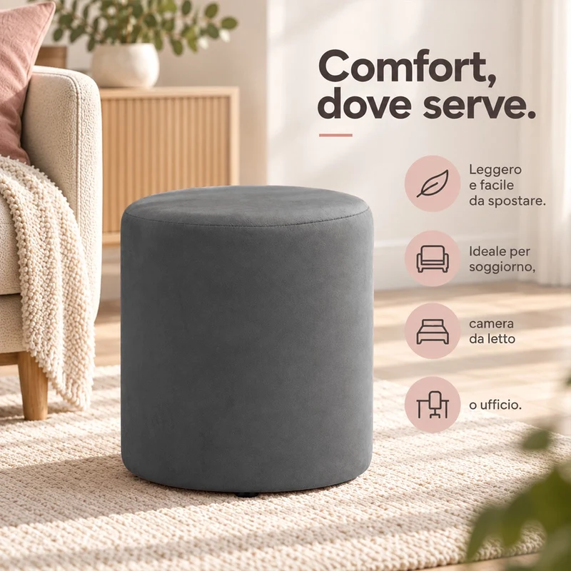 Pouf Poggiapiedi 28x36 cm con Rivestimento in Velluto Grigio Seduta Ergonomica