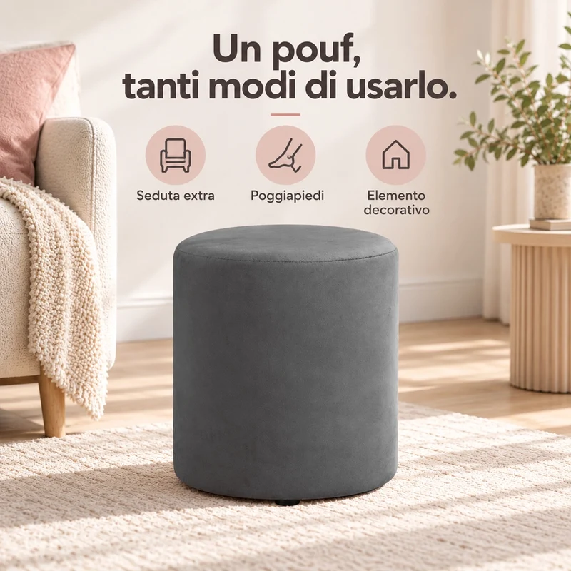 Pouf Poggiapiedi 28x36 cm con Rivestimento in Velluto Grigio Seduta Ergonomica