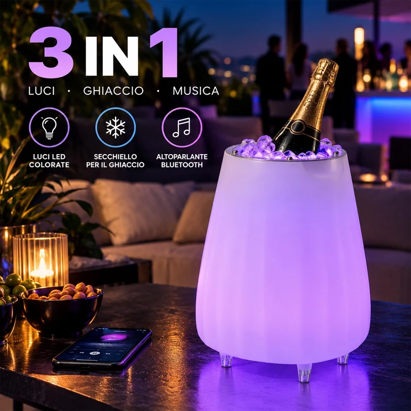 Glacette Secchiello Ghiaccio 3in1 Luci LED e Cassa Bluetooth Portaghiaccio 5L