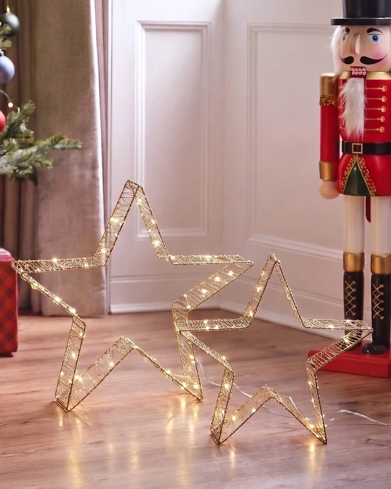 Set di 2 decorazioni natalizie a stella con LED, luci di Natale decorative dorate