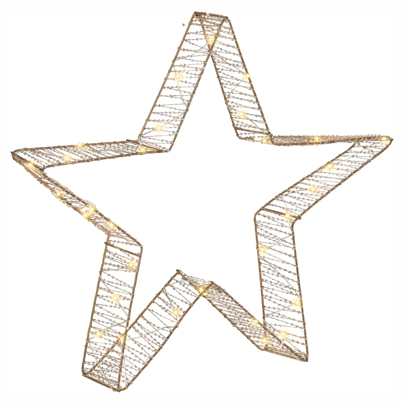 Set di 2 decorazioni natalizie a stella con LED, luci di Natale decorative dorate
