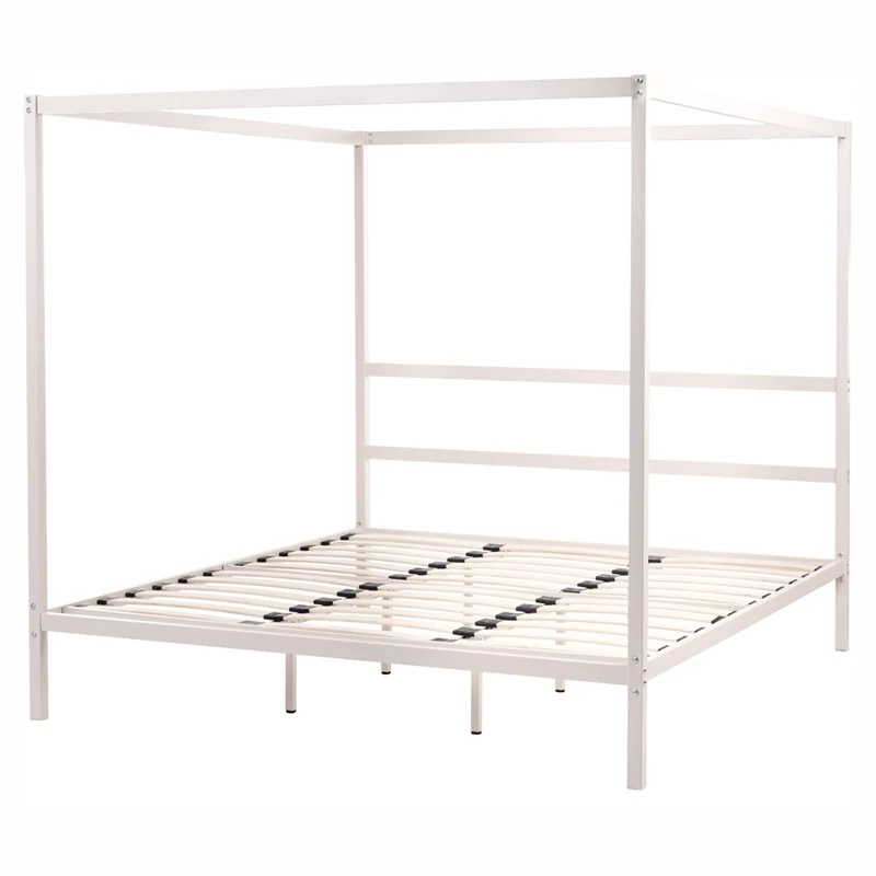 Letto matrimoniale a baldacchino con doghe e struttura in metallo beige chiaro 180 x 200 cm stile industriale moderno