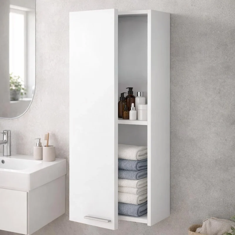 Pensile Bagno Da Parete Sospeso Con Anta E Ripiano Regolabile Mobile Colonna Salvaspazio Armadietto Moderno In Melamina Design Contemporaneo 85 x 30 x 25 Cm Bianco Lucido