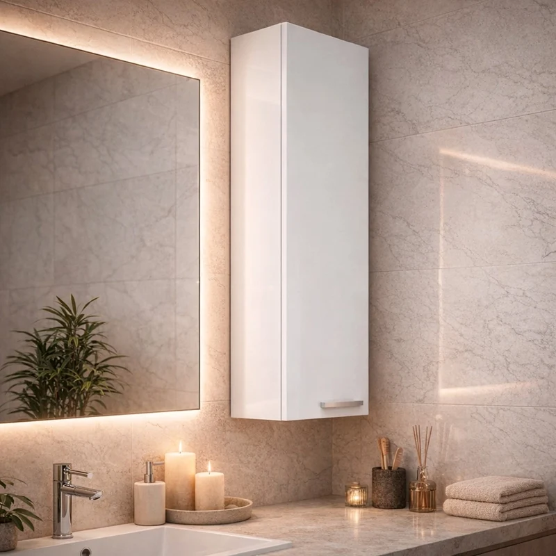 Pensile Bagno Da Parete Sospeso Con Anta E Ripiano Regolabile Mobile Colonna Salvaspazio Armadietto Moderno In Melamina Design Contemporaneo 85 x 30 x 25 Cm Bianco Lucido