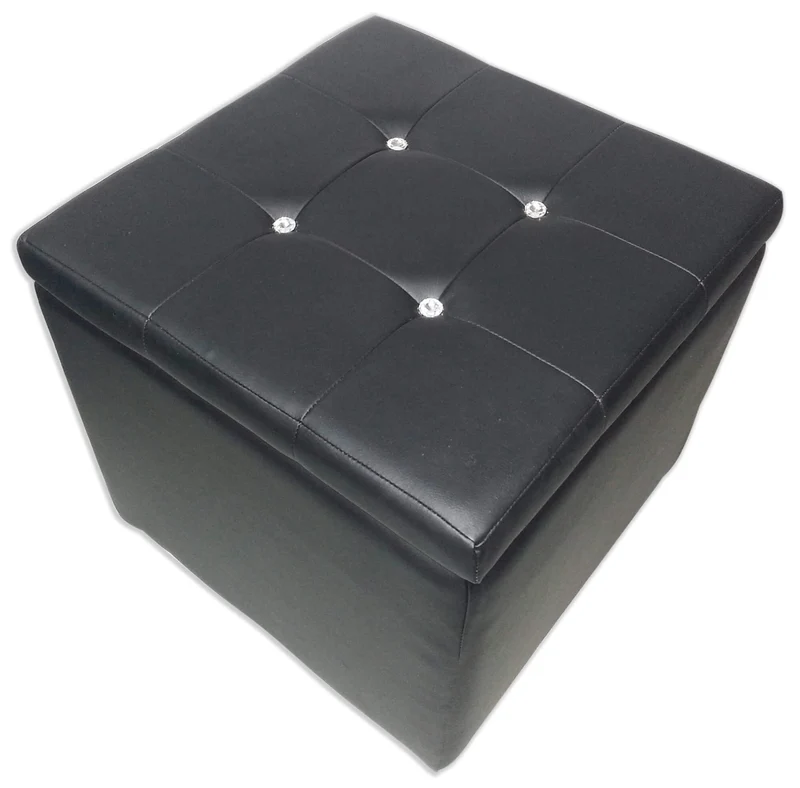 Cubo Pouf Contenitore in Similpelle e Cristalli Renier Nero
