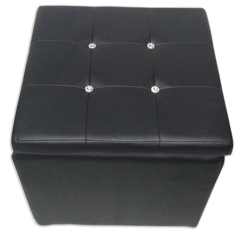 Cubo Pouf Contenitore in Similpelle e Cristalli Renier Nero