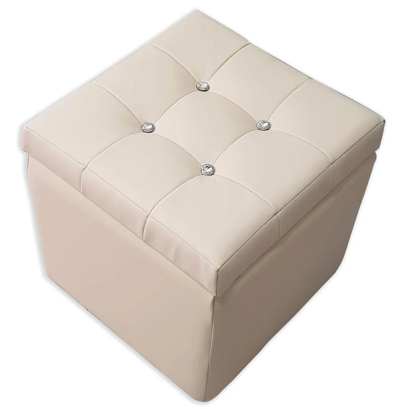 Cubo Pouf Contenitore in Similpelle e Cristalli Renier Crema