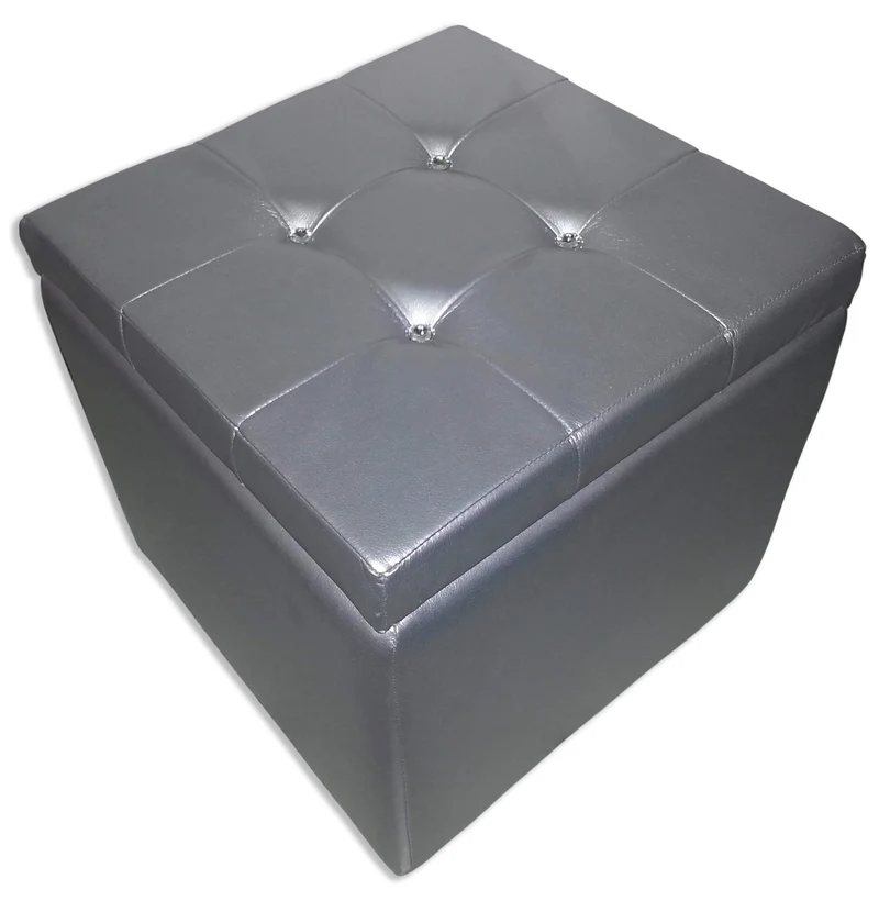 Cubo Pouf Contenitore in Similpelle e Cristalli Renier Argento