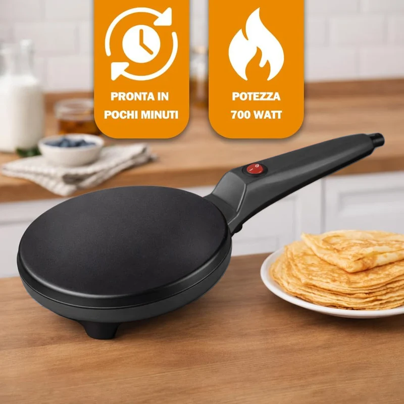 Crepiera Elettrica Nero Manico 700W Piastra Alluminio Rivestimento Antiaderente