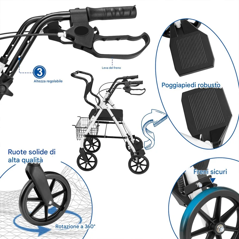 Deambulatore Rollator Sedile Anziani Disabili Seduta Imbottita Ausilio Camminata
