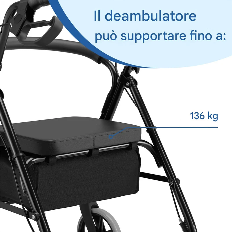 Deambulatore per Anziani in Alluminio Pieghevole con Seduta Cestino e Freni