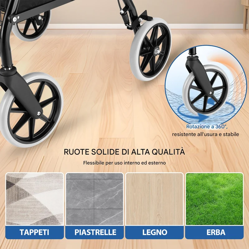 Deambulatore per Anziani in Alluminio Pieghevole con Seduta Cestino e Freni