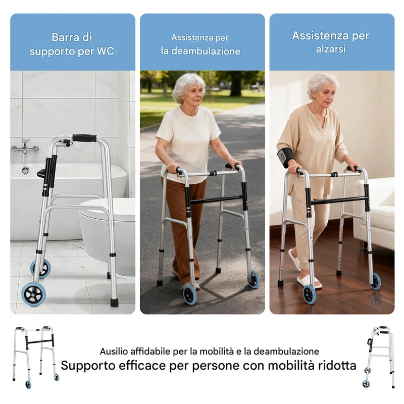 Deambulatore per Anziani Leggero e Pieghevole con Ruote e Altezza Regolabile