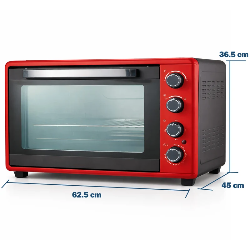 Forno Elettrico Ventilato 65L Rosso 2000W con Teglia e Griglia 4 Livelli Cottura