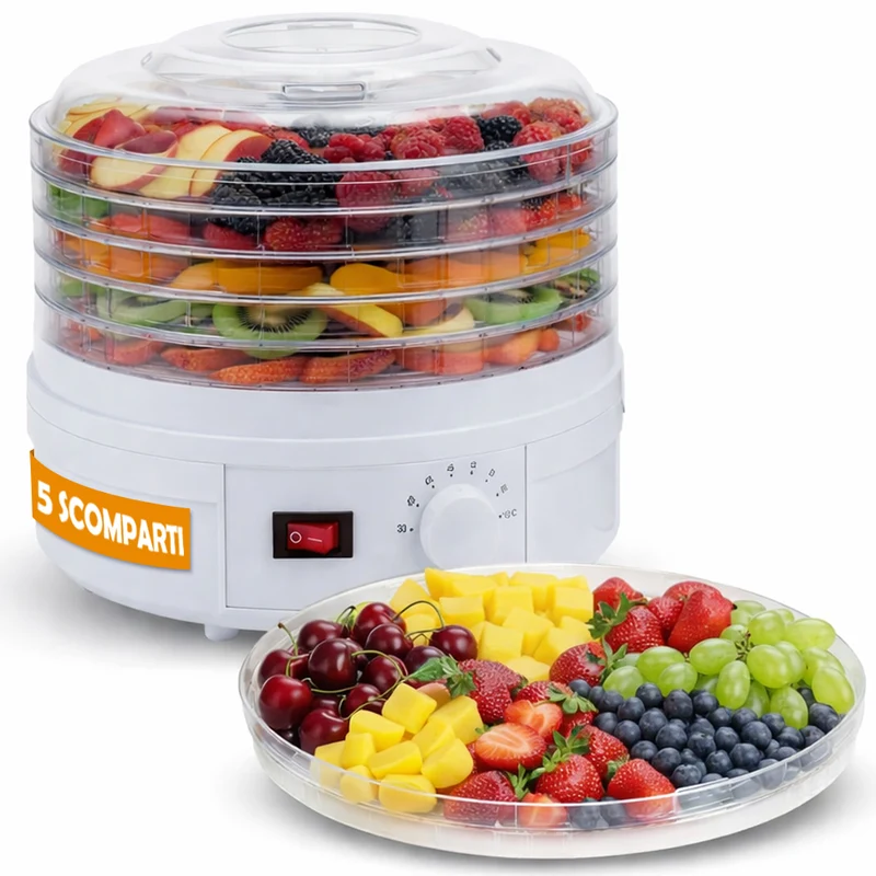 Mini Essiccatore Elettrico per Cibo e Fiori con 5 Scomparti e Coperchio 35°-70°