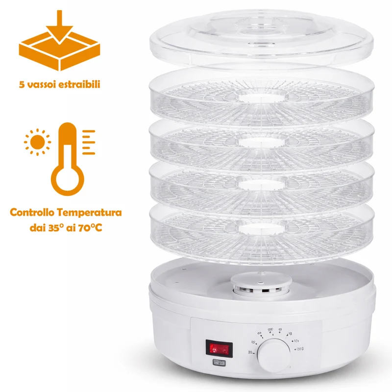 Mini Essiccatore Elettrico per Cibo e Fiori con 5 Scomparti e Coperchio 35°-70°