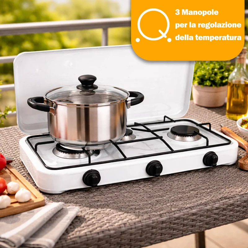 Fornello Cucina Gas con 3 Fuochi Fornelli e Pomelli Regolabili Alimentazione GPL