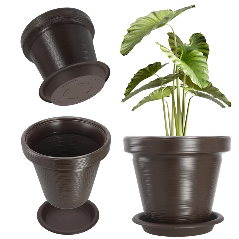 Vaso da giardino KADAX per fiori, con coperchio e sottovaso, grande, marrone, 55 cm