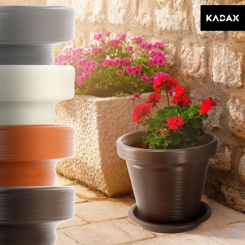 Vaso da giardino KADAX per fiori, con coperchio e sottovaso, grande, marrone, 55 cm
