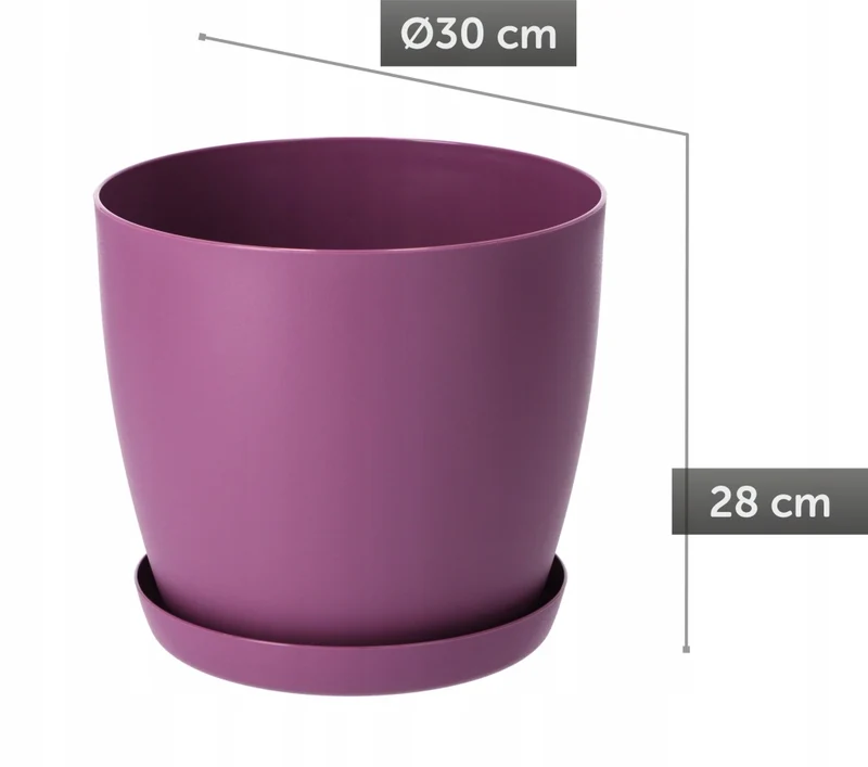 Vaso da fiori KADAX con sottovaso, vaso in plastica da 30 cm, coperchio, fiori, viola opaco
