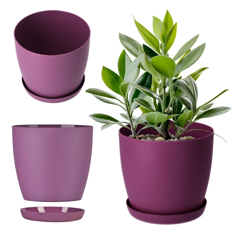 Vaso da fiori KADAX con sottovaso, vaso in plastica da 14 cm, coperchio, fiori, viola opaco