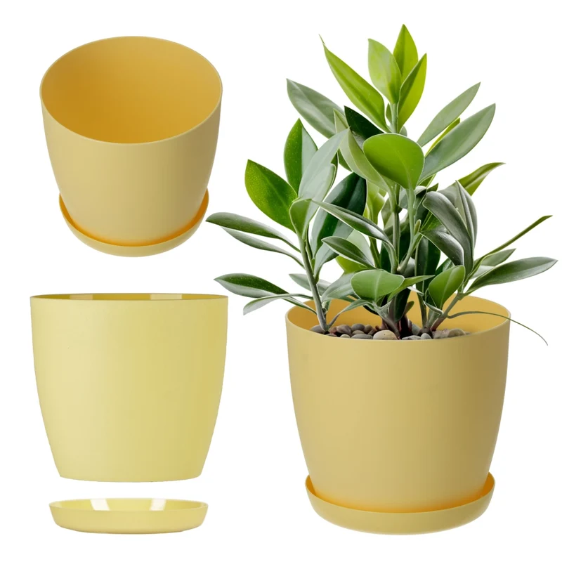 Vaso da fiori KADAX con sottovaso, vaso in plastica da 14 cm, coperchio, fiori, giallo opaco.