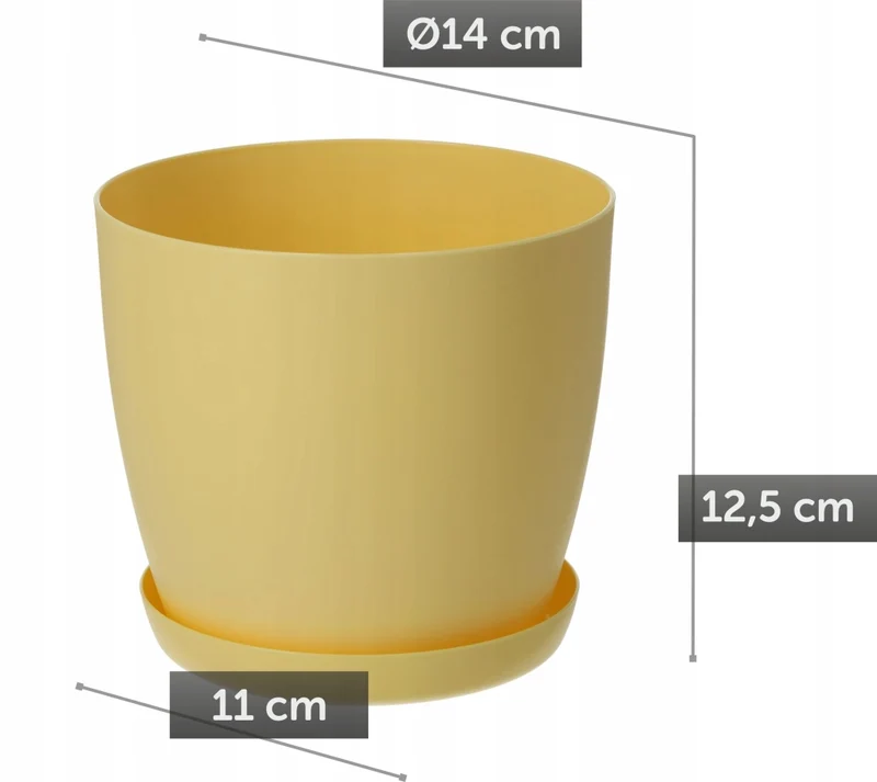 Vaso da fiori KADAX con sottovaso, vaso in plastica da 14 cm, coperchio, fiori, giallo opaco.