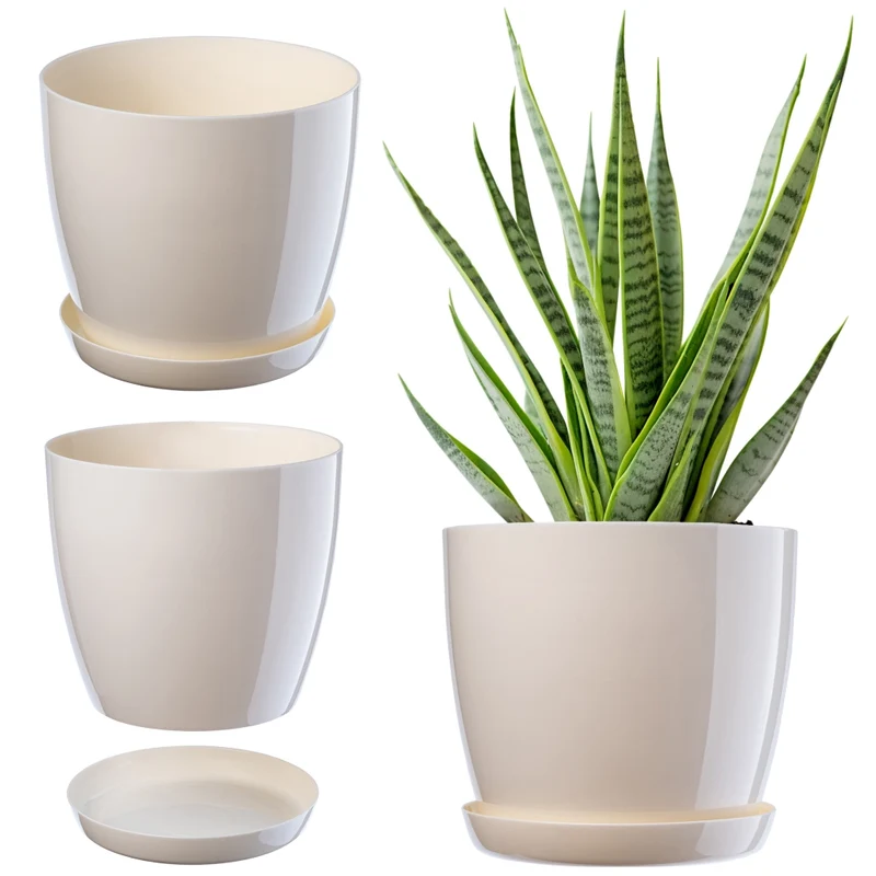 Vaso da fiori KADAX con sottovaso, coperchio in plastica, 18 cm, colore crema, Kadax