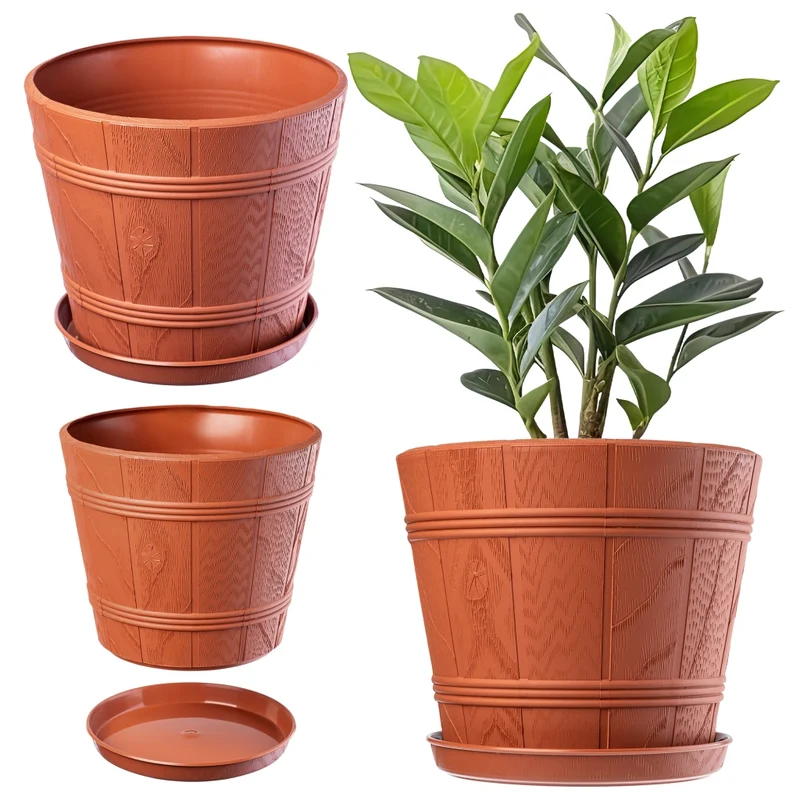 Vaso da fiori KADAX da 17 cm con coperchio effetto legno e supporto in plastica.