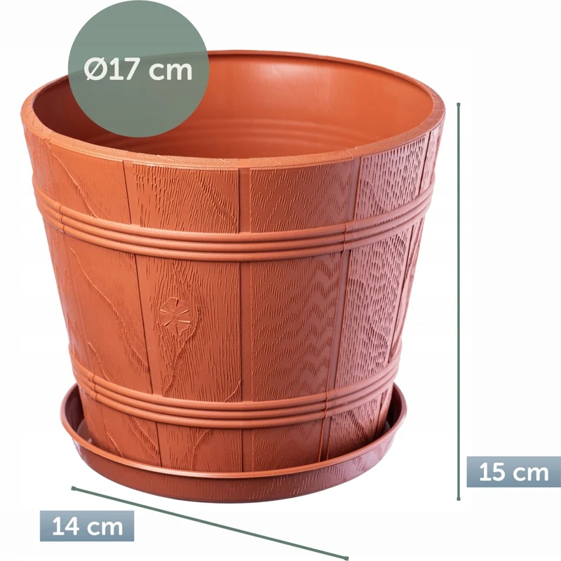 Vaso da fiori KADAX da 17 cm con coperchio effetto legno e supporto in plastica.