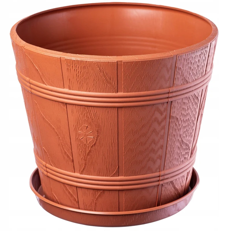 Vaso da fiori KADAX da 17 cm con coperchio effetto legno e supporto in plastica.