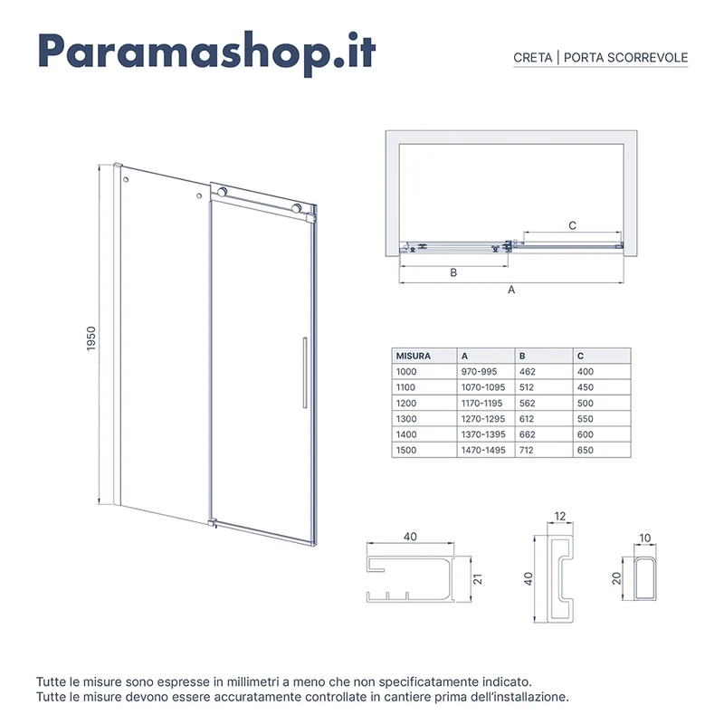 Porta doccia 110cm apertura scorrevole profili nero opaco vetro 8mm trasparente h195 | Creta