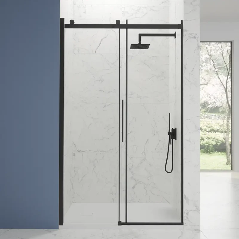 Porta doccia 110cm apertura scorrevole profili nero opaco vetro 8mm trasparente h195 | Creta